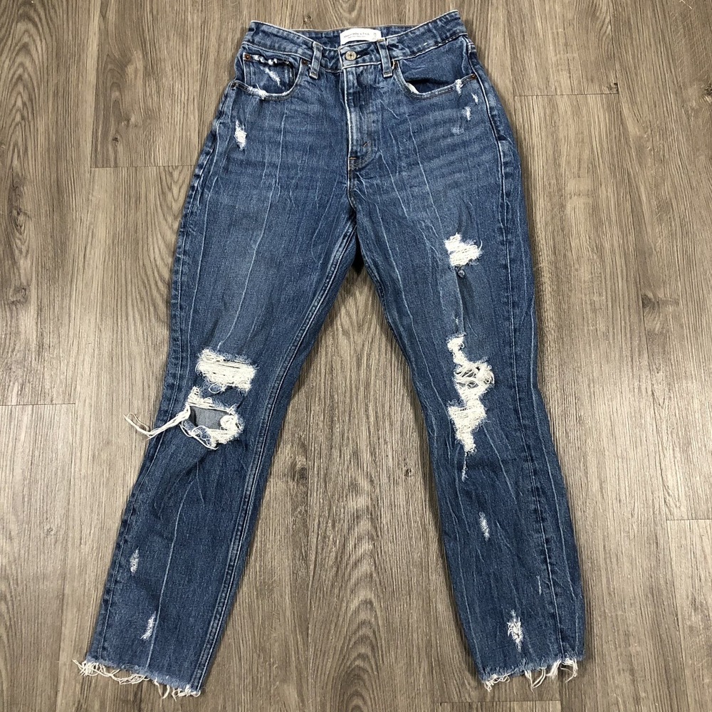Abercrombie & Fitch Jeans Womens Blue Size 2R | 26 The Mom High Rise Distressed